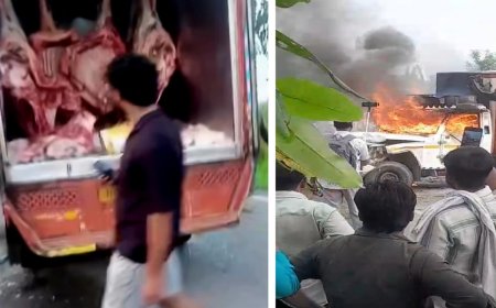गौवंश मांस के साथ दो गिरफ्तार गुस्साए लोगों ने वाहन को किया आग के हवाले